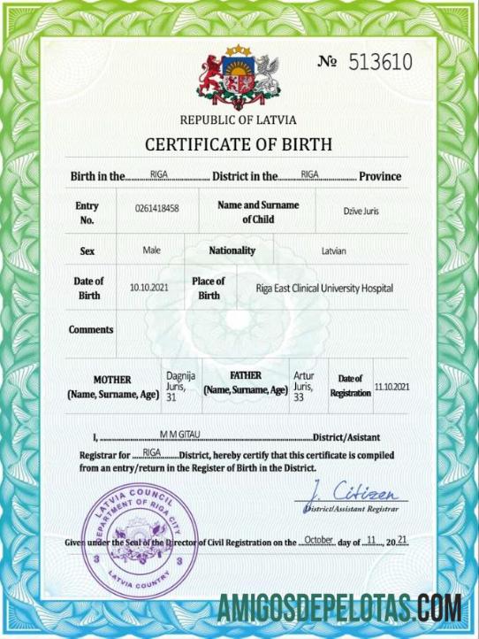 Imprimível modelo PSD de certidão de nascimento de registro vital da Letônia